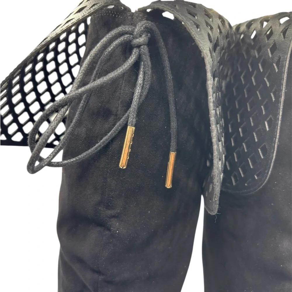Alaia Black Over the Knee Boots with Lattice Cuff